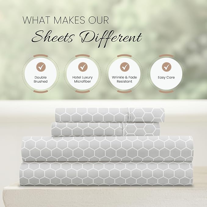 Linen Market Double-Brushed Patterned Microfiber Queen Sheet Set 4 Piece – Oeko-TEX Certified Ultra Soft & Wrinkle-Free - 16" Deep Pocket Sheets - Easy Care Queen Size - Honeycomb Light Gray