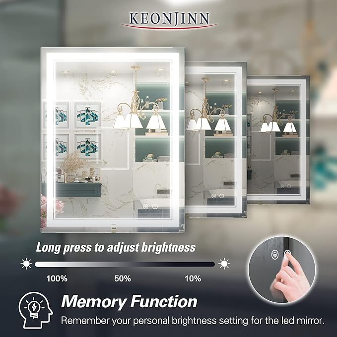 Keonjinn LED Bathroom Mirror with Lights, 28 x 36 Inch Front Lighted Vanity Mirror, HD Tempered Glass, UL-Listed LED Driver, Anti-Fog, 6000K Dimmale, Memory Function, Easy Installation