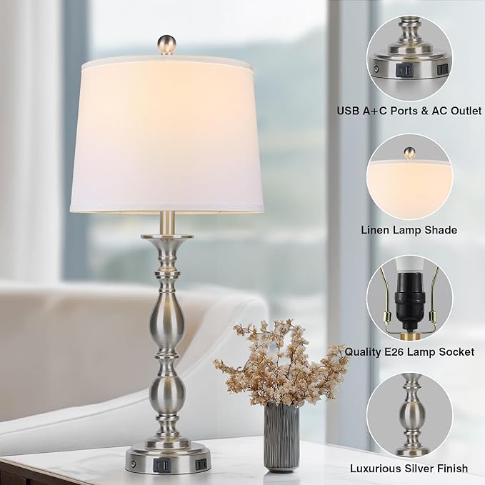 28" Tall Modern Table Lamps Set of 2 with USB A+C Ports and AC Outlet, 3 Way Touch Metal Bedside Lamps for Bedroom, Silver Farmhouse Nightstand Lamps for Living Room
