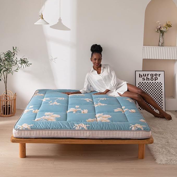 MAXYOYO Floral Printed Futon Mattress, Japanese Floor Mattress Quilted Bed Mattress Topper, Extra Thick Folding Sleeping Pad Breathable Floor Lounger Guest Bed for Camping Couch, Full Size