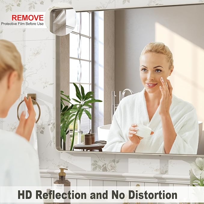 55x30 Inch Brushed Nickel Bathroom Mirror, Large Brushed Silver Metal Framed Wall Mirror, Rounded Corner Rectangle Modern Vanity Mirror, Tempered Glass, Anti-Rust, Shatterproof (Horizontal/Vertical)