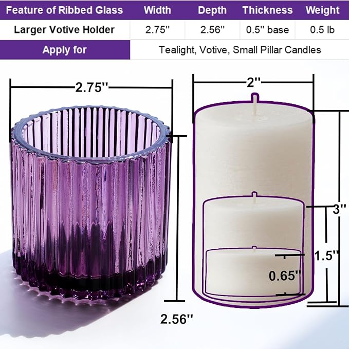 VOHO Large Votive Candle Holders for Table Centerpiece, 6pcs Purple Glass Ribbed Candle Holder for Halloween Decorations, Vintage Tealight Candle Holder for Baby Shower/Easter/Diwali(2.75"W x 2.56"H)