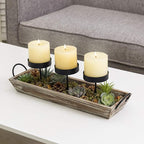 MyGift Solid Torched Wood Candlescape Display Tray Set with Metal Pillar Candle Holder and Decorative Fake Succulent Plants and Pine Cones - Holds 3 Candles
