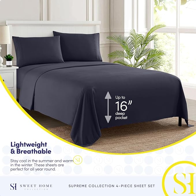 1800 Thread Count Sheet Set – Soft Egyptian Quality Brushed Microfiber Sheets – Luxury Bedding Set with Flat Sheet, Fitted Sheet, 2 Pillow Cases, Navy