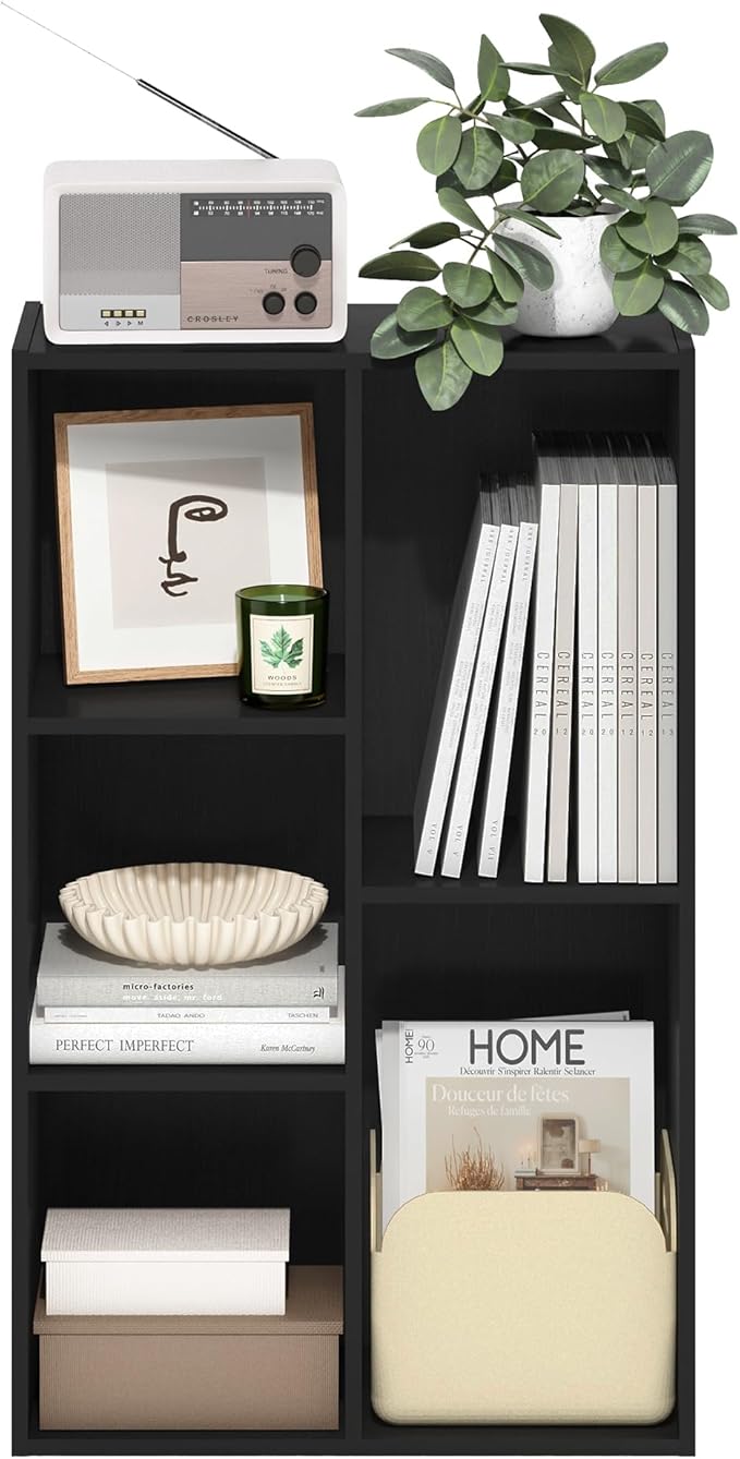 Furinno LUDER Book Shelf, 5-Cube Bookshelf, Reversible Bookcase, 9.4" x 19.5" x 31.5", for Living Room, Bedroom, Home Office, Blackwood
