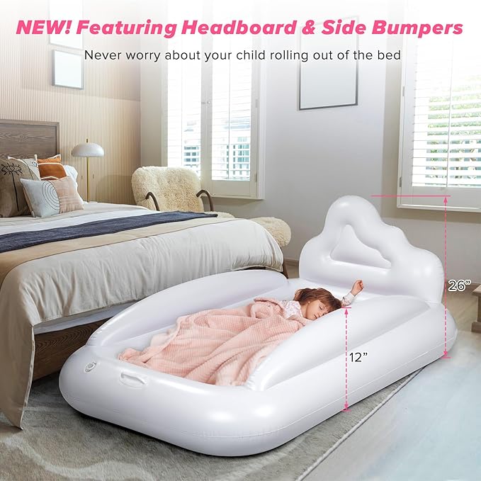 Inflatable Toddler Travel Bed, Double-Sided Kids Air Mattress | Kids Blow up Mattress with Sides | Travel Portable Toddler Bed for Travel, Sleepovers - Pink & & Aquamarine