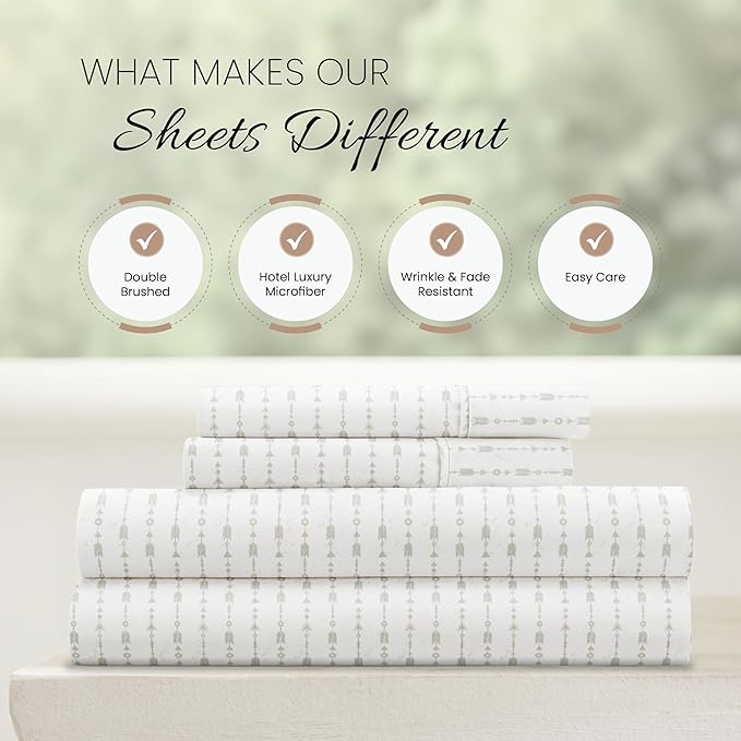 Linen Market Double-Brushed Patterned Microfiber California King Sheet Set 4 Piece – Oeko-TEX Certified Ultra Soft & Wrinkle-Free - 16" Deep Pocket Sheets Easy Care Cal-King Size - Beaded Arrows Gray