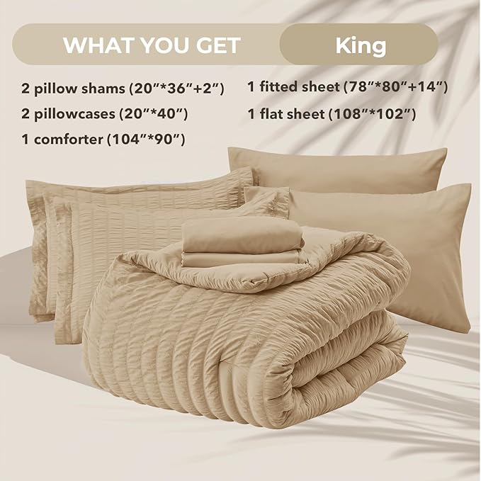 HYMOKEGE Khaki King Size Comforter Set Seersucker 7 Pieces, All Season Luxury Bed in a Bag for Bedroom, Bedding Set with Comforter, Sheets, Pillowcases & Shams