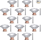 12-Pack Crystal Glass Cabinet Knobs for Home Decor, Vanity Drawers, Desks, Wardrobe Doors, Standard Screws Easy Installation for Home Refurbishment and Redecoration (Clear Crystal, 30mm, Pink Base)