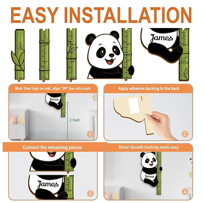 Personalized Growth Chart for Wall, Wooden Height Chart for Kids, Cute Height Measurement for Child/Girls/Boys, Baby and Toddler's Playroom/Kid's Room/Nursery Decor, Panda