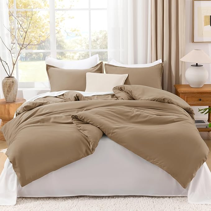 Litanika California King Size Taupe Comforter Set, 3 Pieces Cal King Solid Bedding Comforter Set, All Season Fluffy Bed Set (104x96In Comforter & 2 Pillowcases)