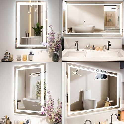 24x32 LED Mirror for Bathroom with Front and Backlit Light Up Digital Mirrors for Wall,Anti Fog,Stepless Dimmable,Tempered Silver Glass Smart Vanity Mirror for Bathroom