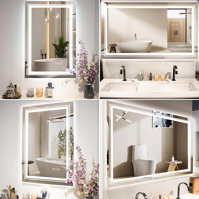 40x36 LED Mirror for Bathroom with Front and Backlit Light Up Digital Mirrors for Wall,Anti Fog,Stepless Dimmable,Tempered Silver Glass Smart Vanity Mirror for Bathroom