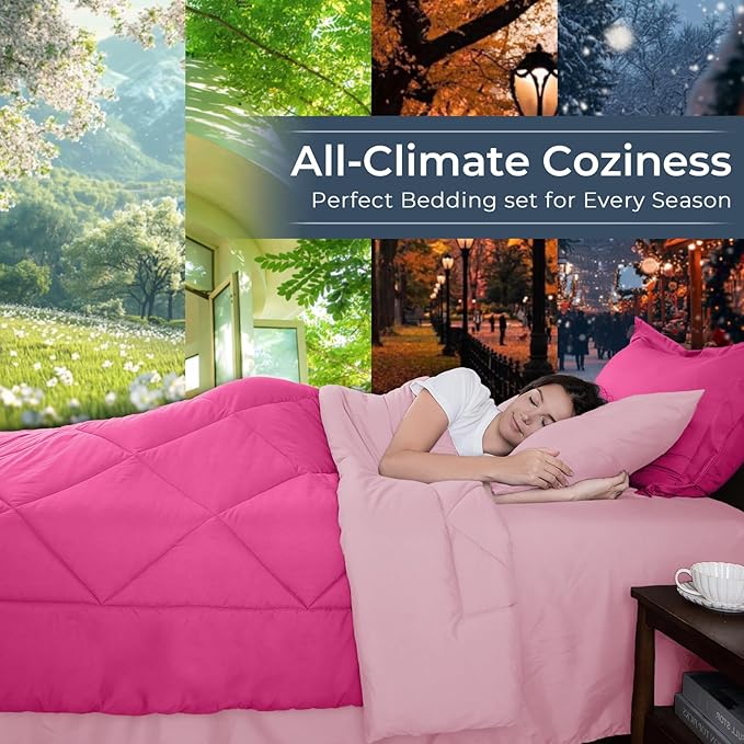 HEVUMYI Hot Pink & Baby Pink King Comforter Set - 7-Piece All Season Bed in a Bag King, Ultra Soft Bedding Set with Comforter, Flat Sheet, Fitted Sheet, Pillowcases, Pillow Shams