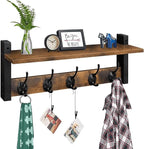 Homode Wall Hooks with Shelf, Wood Coat Rack with Shelf Wall-Mounted, Entryway Hanging Shelves with 5 Metal Hooks for Clothes Hats Towel Purse Robes, Bathroom Mudroom Bedroom, Rustic Brown Black
