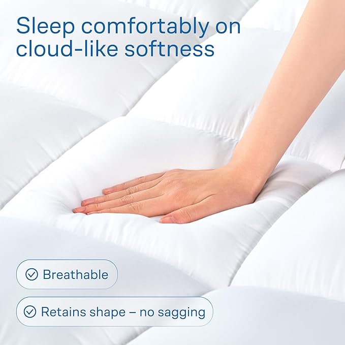 Ultra Soft Queen Mattress Topper - Cloud-Like Mattress Pad for Back Pain Relief - Breathable Cooling Material for Hot Sleepers