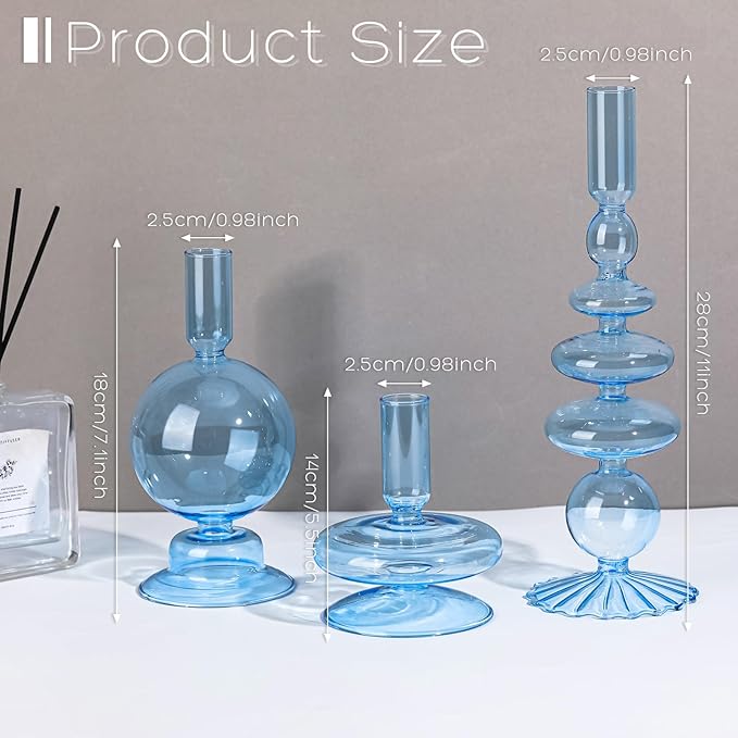 Rtteri 3 Pcs Glass Candlestick Holders Glass Candle Holders Groovy Wavy Elegant Taper Candle Stick for Wedding Home Birthday Party Christmas Halloween Decoration Windowsill Decor(Light Blue)