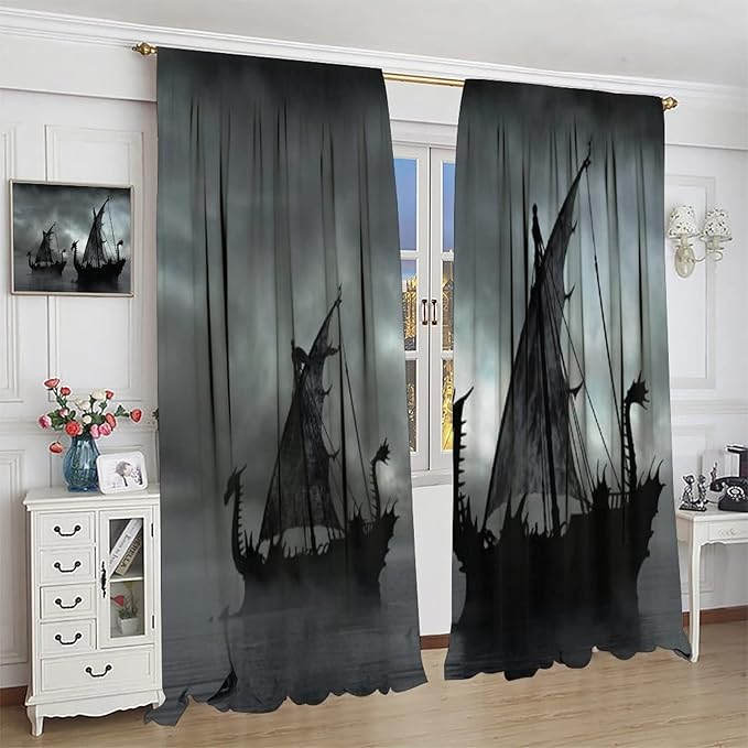 Viking Ship Blackout Curtains,Gloomy Misty Lake Landscape Fantasy Black White Color Sailing Dragon Boat Window Drapes for Boys Girls Bedroom Living Room,Norse Decor 63x63in