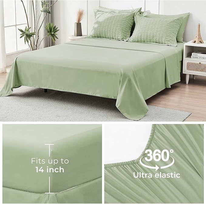 HYMOKEGE Light Green King Size Comforter Set Seersucker 7 Pieces, All Season Luxury Bed in a Bag for Bedroom, Bedding Set with Comforters, Sheets, Pillowcases & Shams