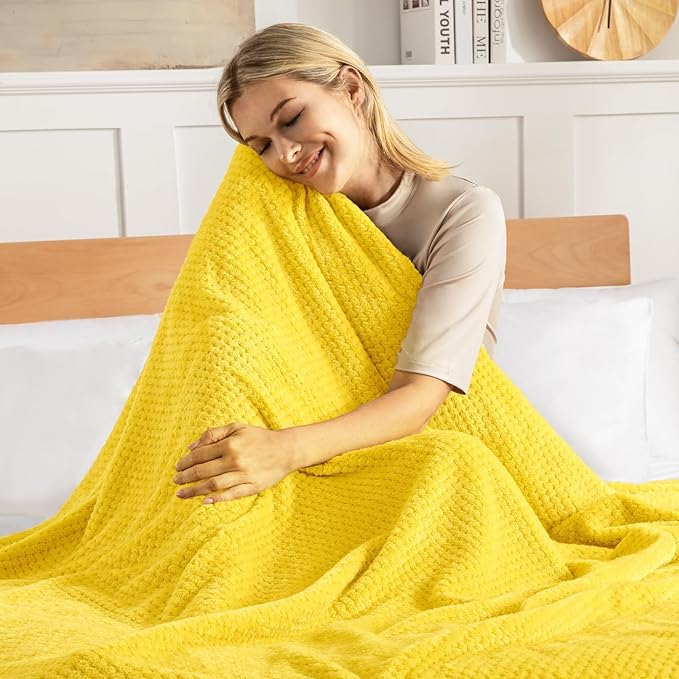 Exclusivo Mezcla Fleece Throw Blanket Extra Large, Super Soft and Warm Blankets for Couch, Sofa and Bed Waffle Textured, Cozy, Fuzzy and Lightweight (Vibrant Yellow, 50x70 Inches)