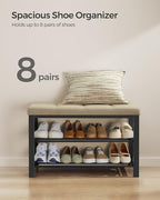 SONGMICS Shoe Bench, Storage Bench, Entryway Bench with Cushion, Shoe Shelf with Seat, Space-Saving, Modern Style, for Living Room, Bedroom, Hallway, Camel Brown and Ink Black ULBS057K01