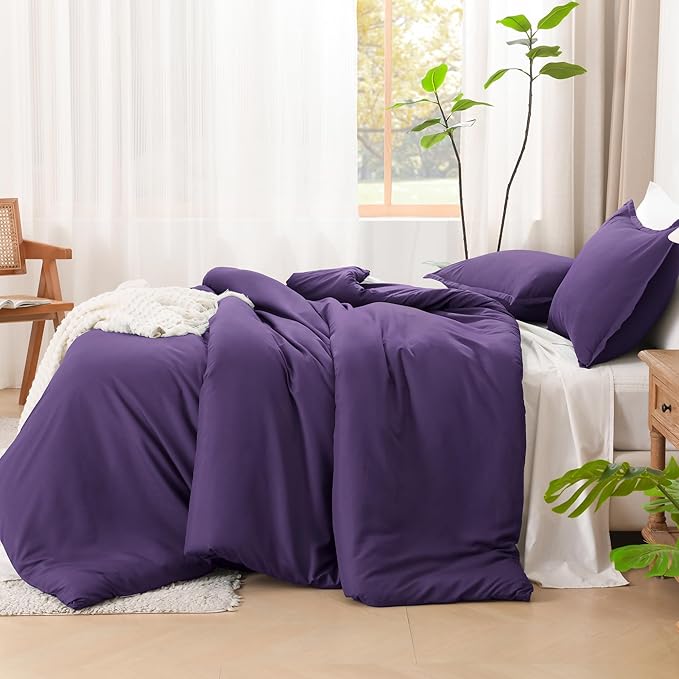 Litanika Dark Purple Comforter Set Queen Size, 3 Pieces Lightweight Solid Bedding Comforter Set, All Season Fluffy Bed Set (90x90In Comforter & 2 Pillowcases)