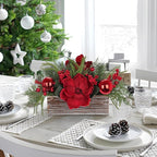 Christmas Centerpiece 11 Inch Artificial Norfolk Pine in Rustic Wooden Pot Flower Arrangement with Magnolia Flowers Pine Greenery Red Berries Ornaments for Dining Table Holiday Party Mantel Xmas Decor