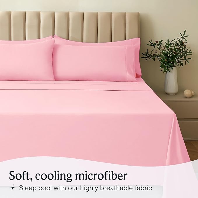LuxClub 4 PC Sheet Set Bed Sheets Deep Pockets 16" Eco Friendly Wrinkle Free Cooling Machine Washable Hotel Bedding Silky Soft - Baby Pink King
