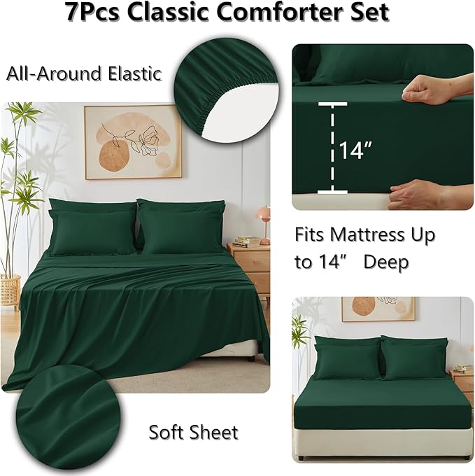 CozyLux Queen Comforter Set Emerald Green - Bed in a Bag Queen Size 7 Pieces, Luxury Soft Bed Set for All Seasons, Bedding Set with Down Alternative Comforter, Sheets, Pillowcases & Shams