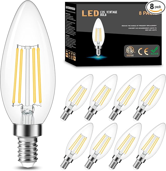 Cotanic Dimmable E12 LED Candelabra Bulb 4000K Daylight, Ceiling Fan Light Bulbs Small Base,60W Equivalent,Type B Bulb for Chandelier,Vintage B11 LED Candle Shape with Clear Glass,600LM,8 Pack