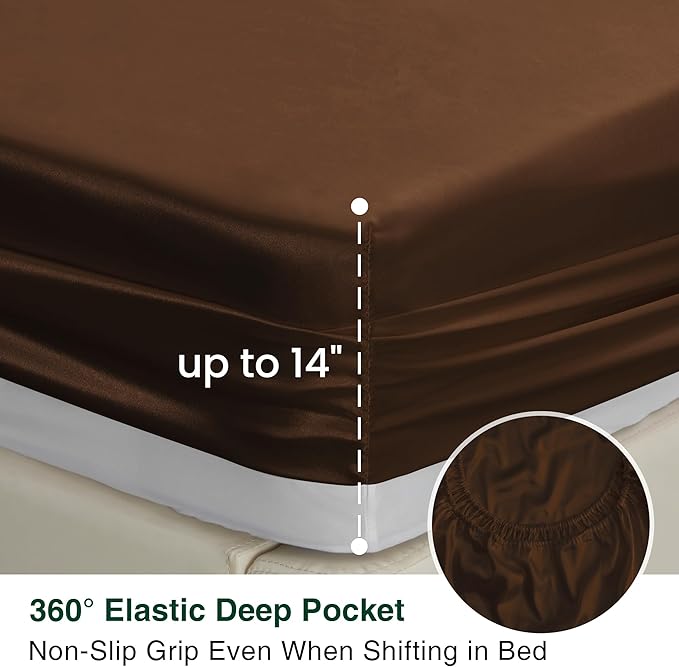 Love's cabin Full Size Satin Sheet Sets - 4 Piece Brown Silky Satin Sheet Set Full with Deep Pocket, Luxury Silk Feel Satin Bed Sheets Full Bedding Set (1 Flat Sheet,1 Fitted Sheet,2 Pillow Cases)