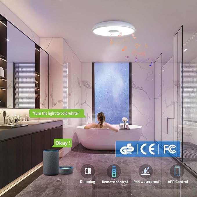 Smart Waterproof LED Flush Mount Ceiling Light Fixture,11 inch 18W,with Bluetooth Speaker,RGB Color Changing Function- Dimmable Lamp,Tuya Application Control-Compatible with Alexa Google Home