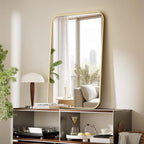 BEAUTYPEAK 24" x 36" Rectangular Aluminum Alloy Frame Wall Mounted Bathroom Mirror with Rounded Corners, Gold