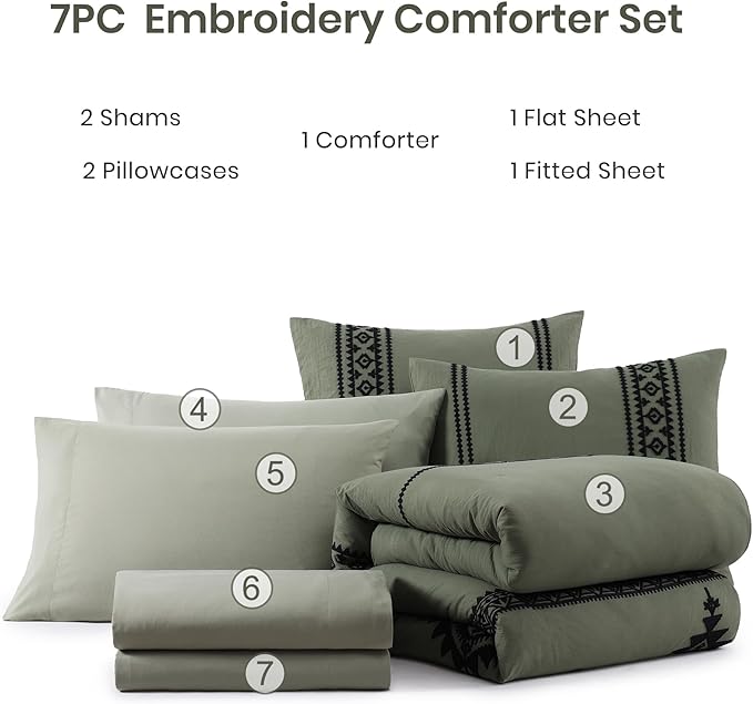 MaiRêve Olive Green Embroidery Comforter Sets Full Size - 7 Piece, Farmhouse Western Boho Comforter Set, All Season Bed in A Bag Full with Sheets, Pillowcases & Shams