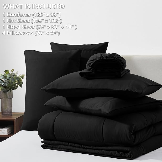 CozyLux Oversized King Comforter Sets Black, 7 Pieces Bed in a Bag, Ultra-Soft All Season Bedding Sets with Stitch Quilted Comforter, Flat Sheet, Fitted Sheet, Pillowcases, Black