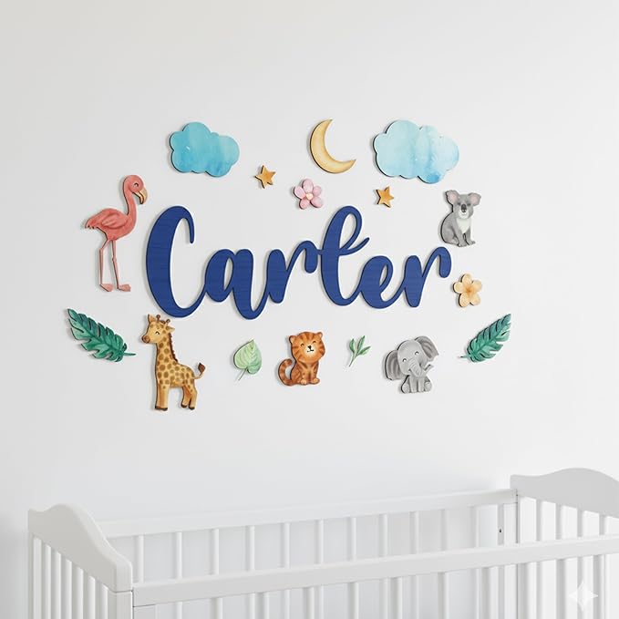 Custom Nursery Name Sign with Themed Decor Kit | Personalized Wooden Wall Art for Baby, Kids Room | Space, Jungle, Circus, Under The Sea, Woodland, Rainbow (50", Jungle/Safari)