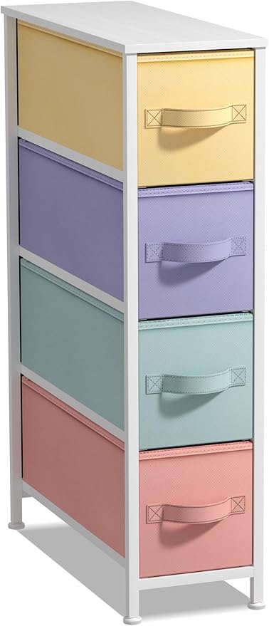 Sorbus Kids Narrow Dresser with 4 Drawers - Vertical Slim Storage Chest of Drawers with Steel Frame, Wood Top & Easy Pull Fabric Bins for Small Spaces, Closets, Bedroom, Bathroom & Laundry