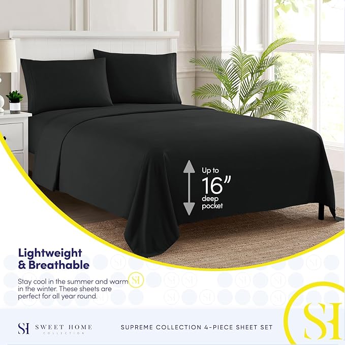RV Queen Bed Sheets - Breathable Luxury Sheets with Full Elastic & Secure Corner Straps Built In - 1800 Supreme Collection Extra Soft Deep Pocket Bedding Set, Sheet Set, RV Short Queen, Black
