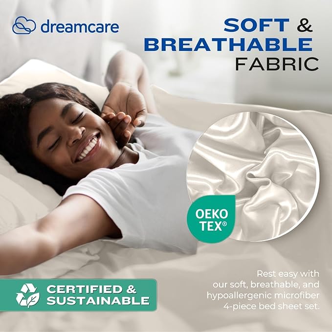 DREAMCARE Full Size Sheets - Cooling Bed Sheets - 4pcs Set - up to 15" Deep Pocket Full Sheet Set - Sheets Full Size Bed - Soft & Long Lasting 100% Fine Brushed Polyester with Side Pocket - Ivory