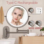 FASCINATE Rechargeable Wall Mounted Lighted Vanity Mirror 8 Inch 1X/10X Magnifying Makeup Mirror with 3 Color Lights, Double Sided Dimmable, 360 Degree Screen Touch,Bathroom Shaving Mirror (GunBlack)