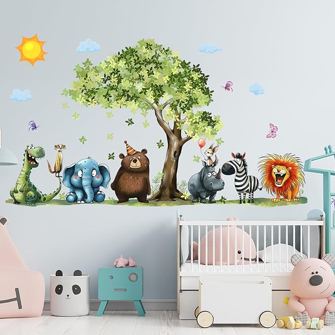 Jungle Animal Wall Stickers Forest Safari Wall Decals Kid Room Nursery Baby Bedroom Décor (Tree Cartoon Animals)