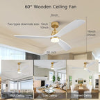 BOJUE 60 Inch Wood Ceiling Fans with Lights and Remote, White Gold Outdoor Ceiling Fan with Light, Dimmable 3 Blades Outdoor Fans for Patios Noiseless Modern Ceiling Fans for Bedroom Living Room