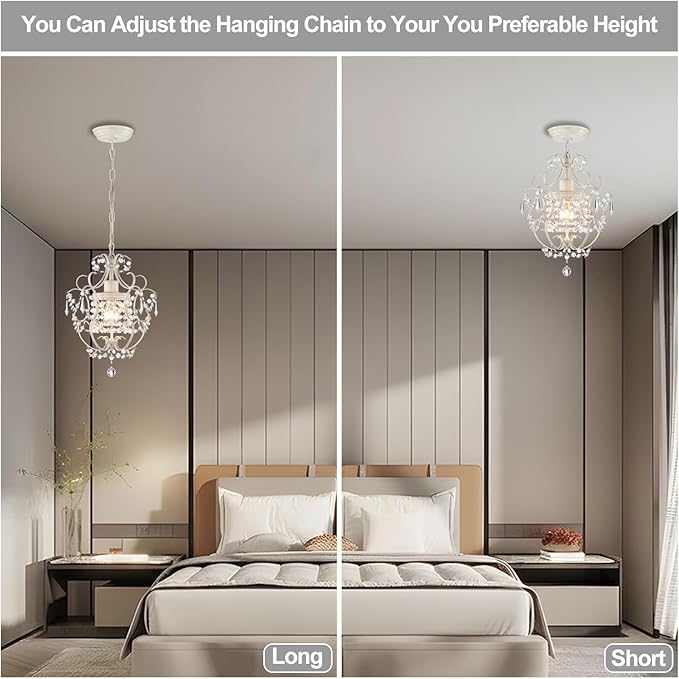 Small Crystal Chandelier for Bedroom, 90% Pre-Assembled 1 Light White Chandelier, Mini Acrylic Crystal Ceiling Light Fixture Charming for Girls Room, Closet, Bathroom, Entryway, Dining Room