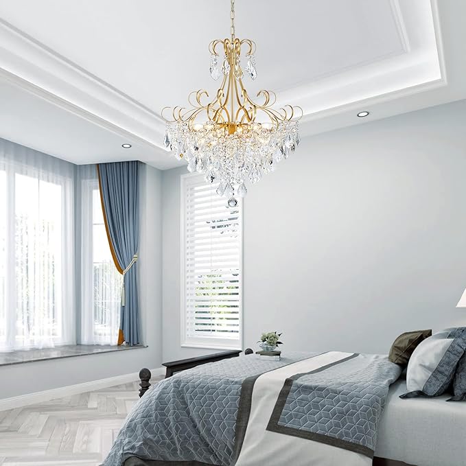 WUZUPS Crystal Chandelier 10-Light Pendant Ceiling Light Modern Lighting Fixture for Dining Room Hallway Bedroom Kitchen Bathroom, H 27.6" x W 22.8", E12 Base, Gold