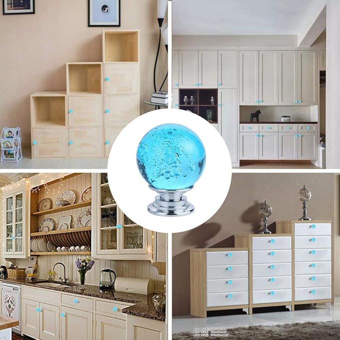 IEIK10 PCS Crystal Cabinet Knobs Azure Blue Round Glass Bubbles Knobs Smooth Drawer Pulls Handle for Home, Cabinet, Drawer and Dresser with 3 Different Size Screws, 30MM (Aqua Blue)