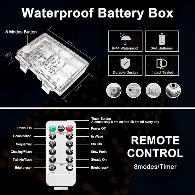 JMEXSUSS 2 Pack Rope Lights Battery Operated String Lights Outdoor Waterproof, Total 66ft 200 LED 8 Modes White Battery Powered Light with Remote for Canopy Tent Camping Patio Garden Decor