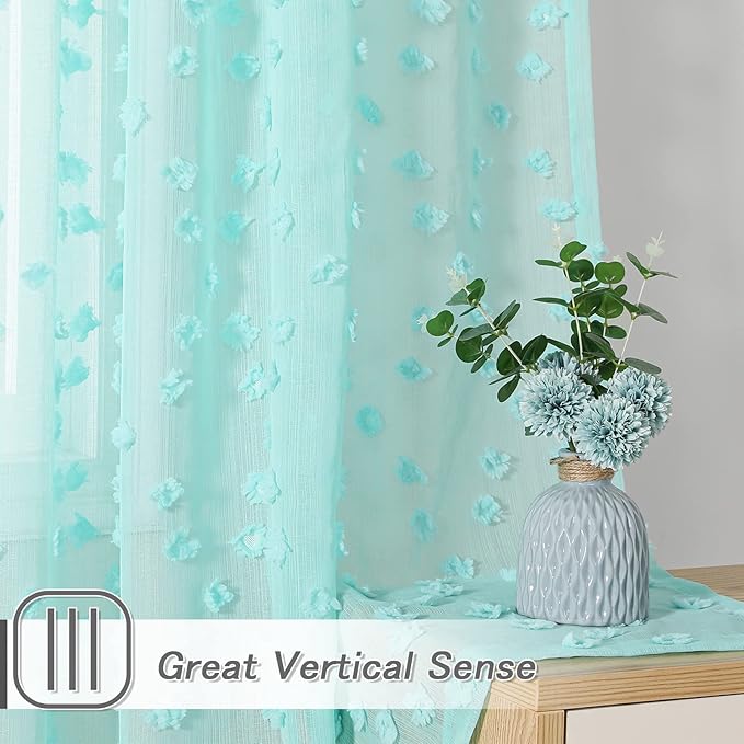 MYSKY HOME Pom Pom Aqua Sheer Curtains for Bedroom Girls Room Curtains 84 Inches Long for Nursery Kids Light Filtering Boho Window Drapes, Rod Pocket, 52" Wide, 2 Panels