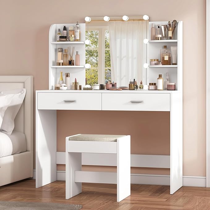 usikey Vanity Desk with Mirror and Lights, Makeup Vanity Set with 2 Drawers and Open Shelves, Makeup Vanity Desk Dressing Table with Cushioned Stool and 10 LED Lights, White