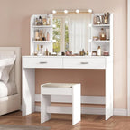 usikey Vanity Desk with Mirror and Lights, Makeup Vanity Set with 2 Drawers and Open Shelves, Makeup Vanity Desk Dressing Table with Cushioned Stool and 10 LED Lights, White