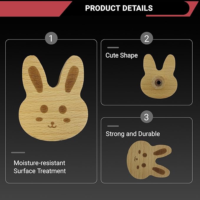 6PCS Wooden Rabbit Shaped Cabinet Knobs, Cabinet Handles, Single Hole Beech Wood Handles, Wood Hooks with Full Set of Screw Accessories